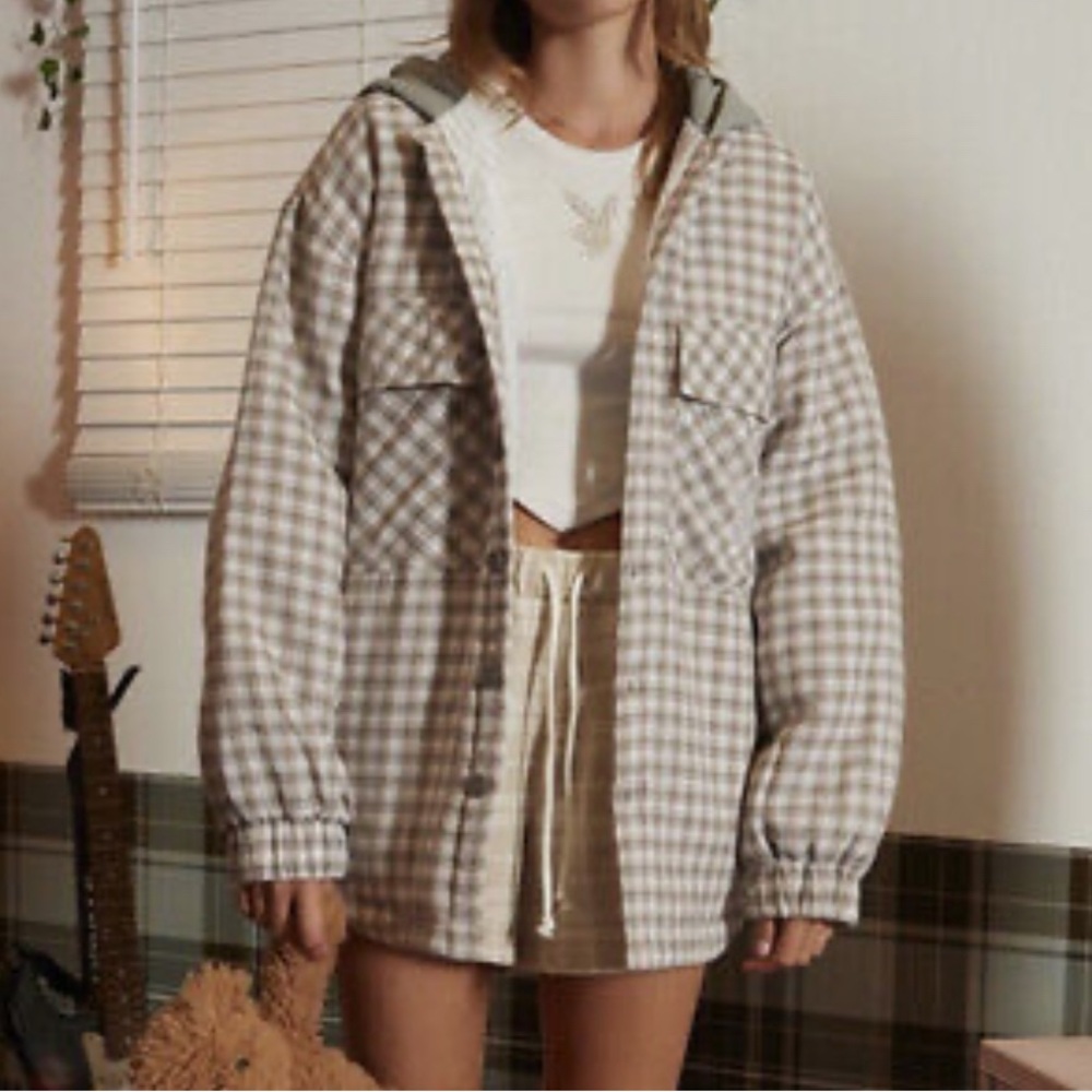 Playboy Flannel Plaid Hooded Quilt Bomber Puffy Oversized Jacket
Size S